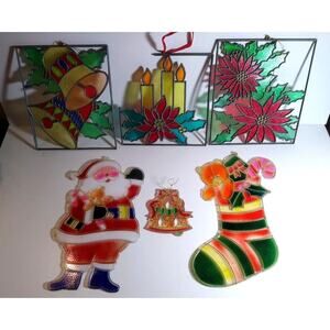 Lot 6 Vintage Plastic Stained Glass Christmas Santa Bells Stocking Suncatchers